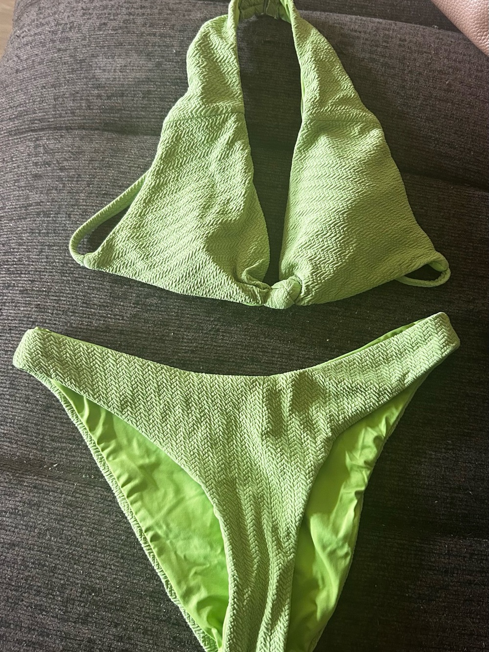 Green Textured Halter Bikini Set